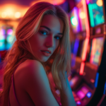 Девушка в игровой зале казино возле игрового автомата