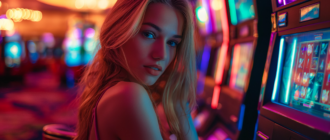 Девушка в игровой зале казино возле игрового автомата